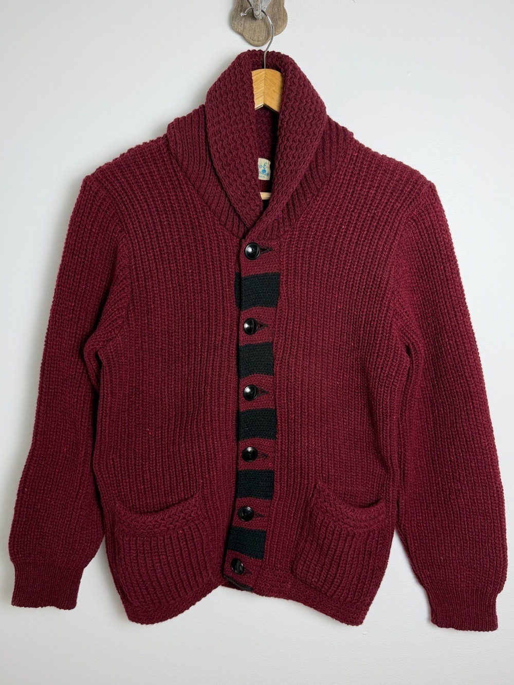 Vintage Hand Knit 100% Wool Burgundy Shawl Collar Cardigan